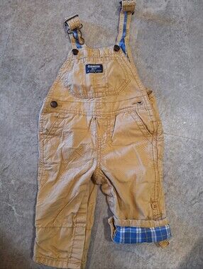 OshKosh B'gosh Tan Overalls with Blue Plaid Cuff - 9 Months